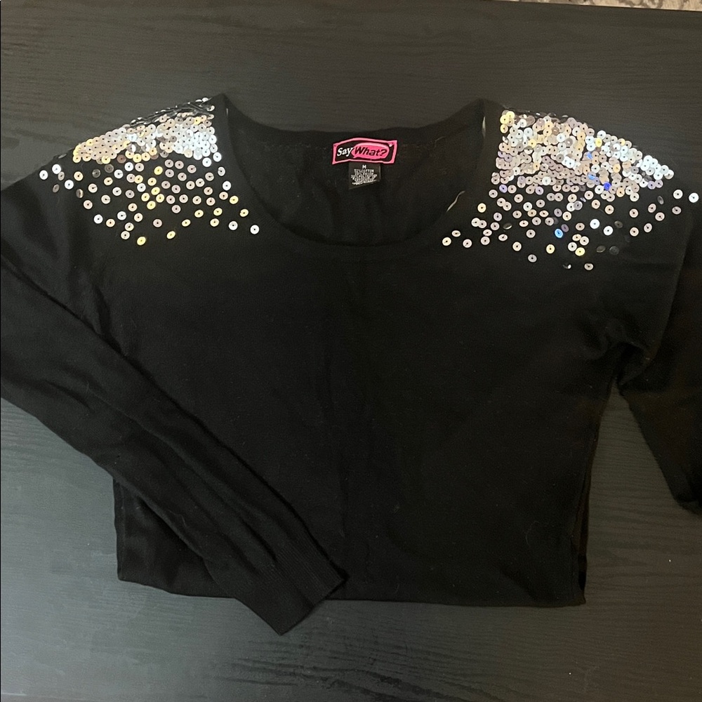 Say What? Black Sequin Shoulder Sweater